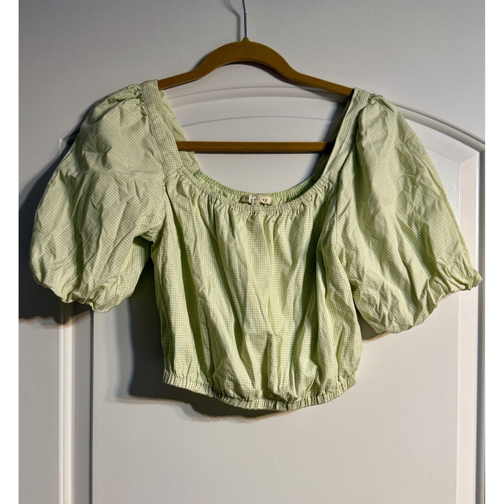 Copper Key‎ Gingham Top Women Small Green Excellent Puff Sleeve Cottagecore